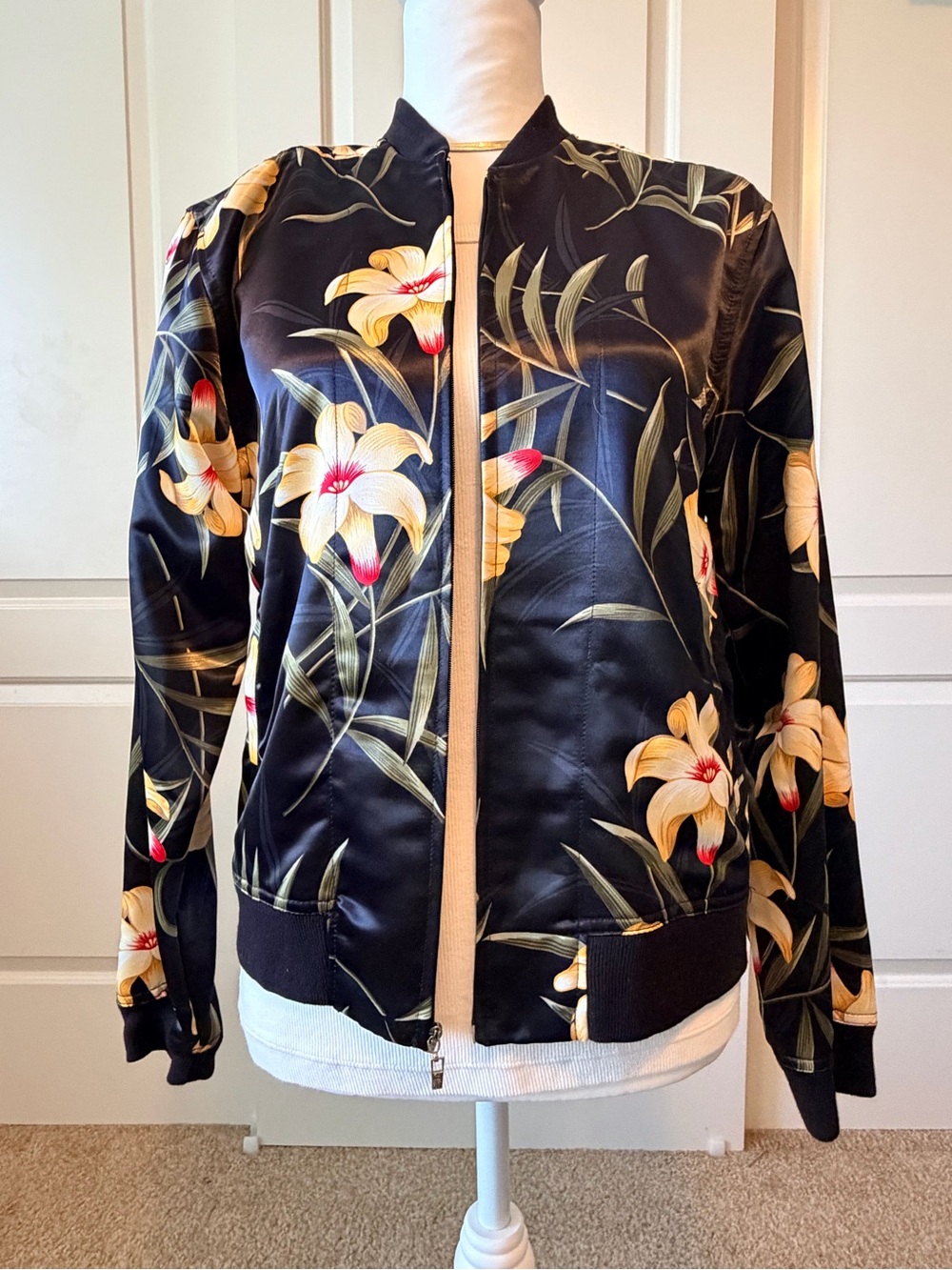 Black Floral Satin Bomber Jacket